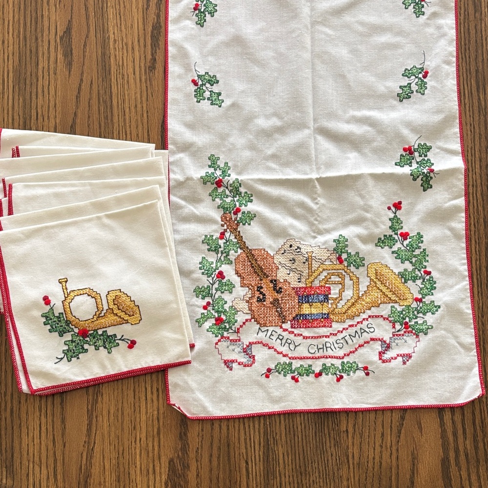 Bucilla Festive Cross-Stitched Table Linens with Instruments - Red, Green, Gold